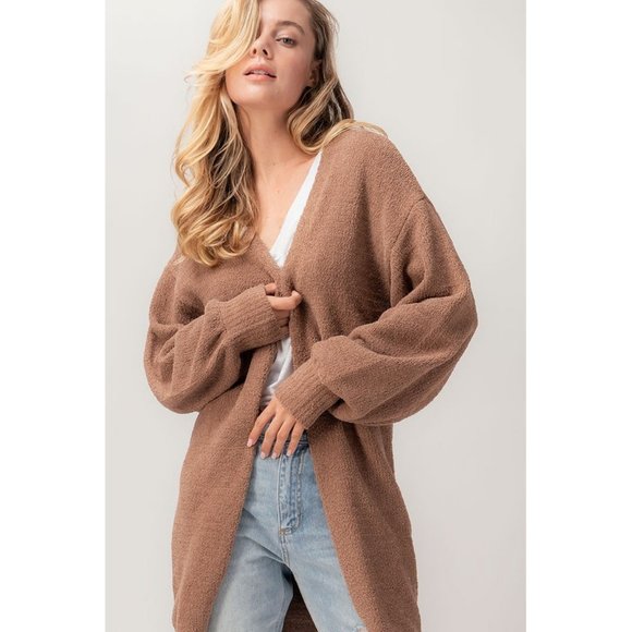 NEW Ultra Soft Bishop Sleeves Long Open Cozy Plush Sweater Cardigan Coco Brown - Picture 4 of 11